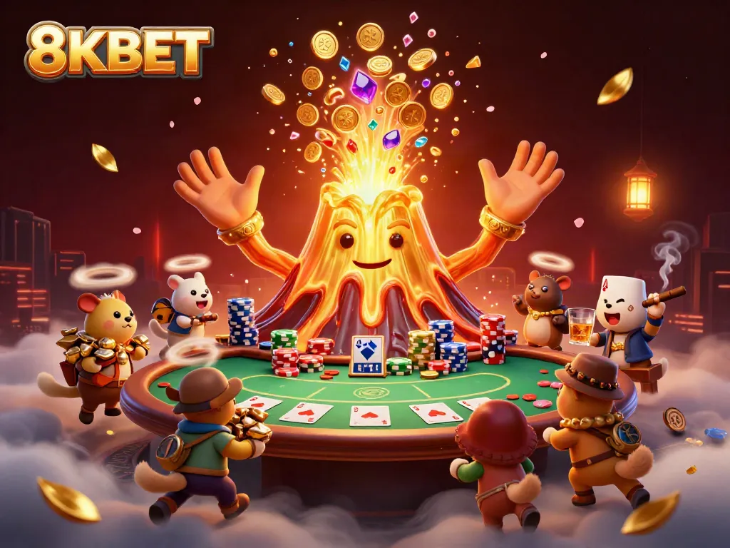 Experience thrilling gameplay with 8KBET as a majestic golden volcano erupts in treasure, setting the stage for an exciting casino adventure.