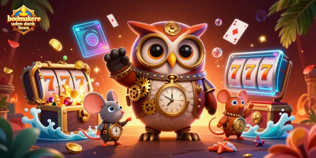 Bet on bookmakere uden dansk licens with a captivating scene of a time-traveler owl in a vibrant casino.
