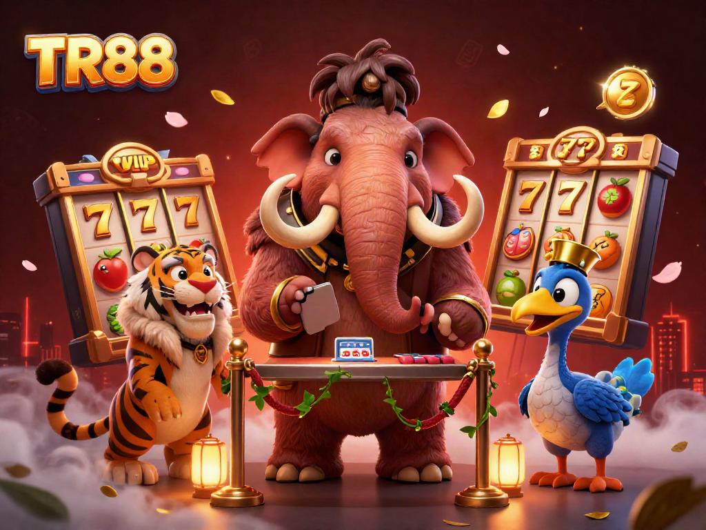 Experience thrilling slots at TR88 with a vibrant casino scene featuring a woolly mammoth bouncer, saber-tooth tiger, and playful dodo.