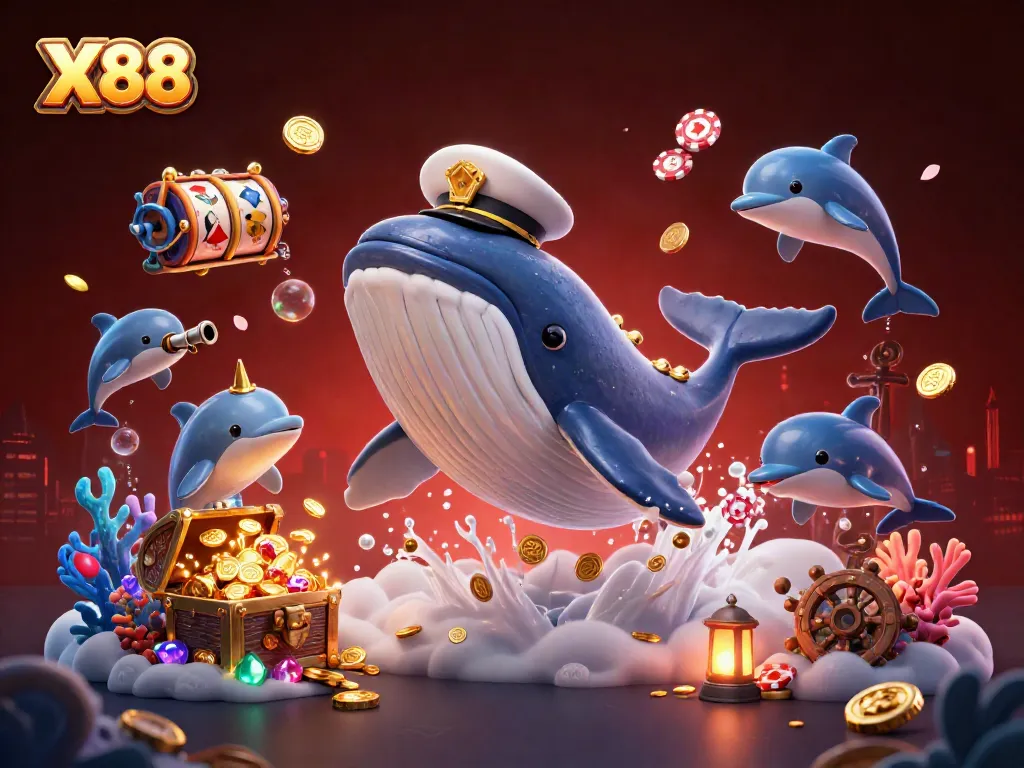 Experience X88's thrilling casino adventure with a cartoon whale and playful dolphins in a treasure-filled ocean.