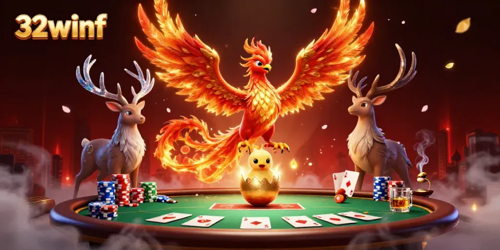 Experience the vibrant world of 32winf with a phoenix and mystic stag amidst a rich poker scene.