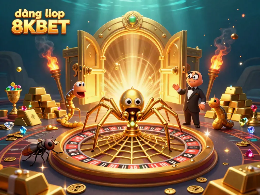 Experience the thrill at "đăng nhập 8KBET" with a dynamic, engaging casino scene featuring spinning elements and treasures.