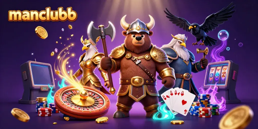 Experience exciting gameplay with manclubb featuring Viking characters, casino elements, and luminous effects.