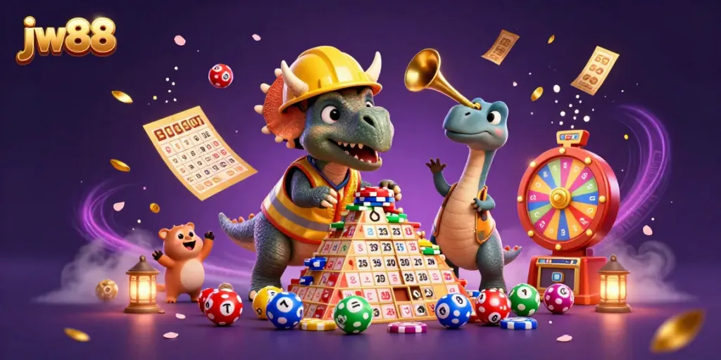 Experience dynamic casino celebrations with jw88 as cartoon dinosaurs build poker chip towers amidst colorful lottery elements.
