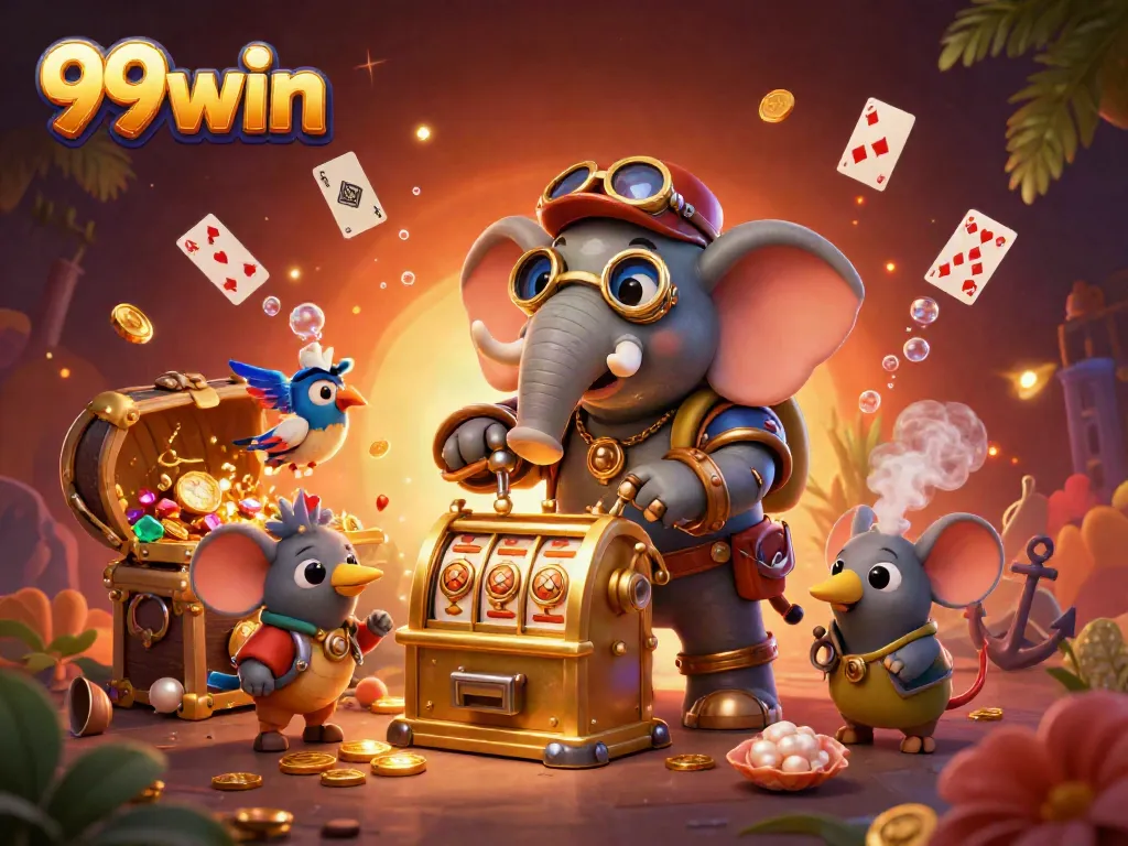 Spin to win with the vibrant 99win slot machine powered by a steampunk elephant engineer.