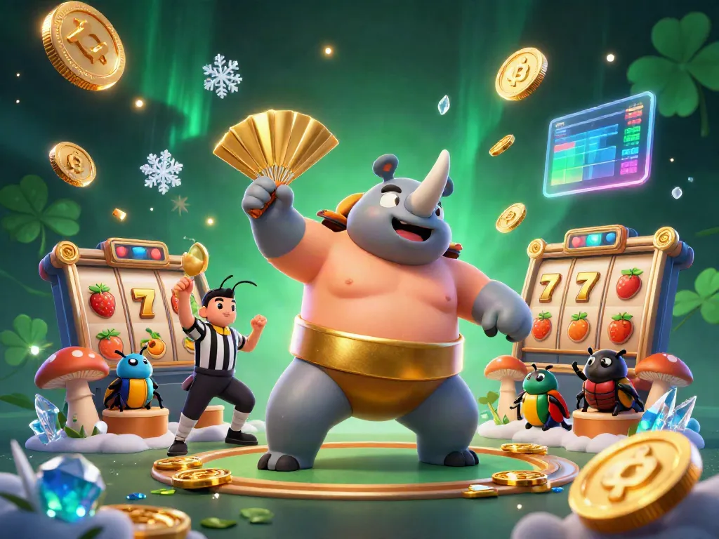 Witness the toto sumo champion beetle as he stomps, triggering a rain of coins in a vibrant casino scene.