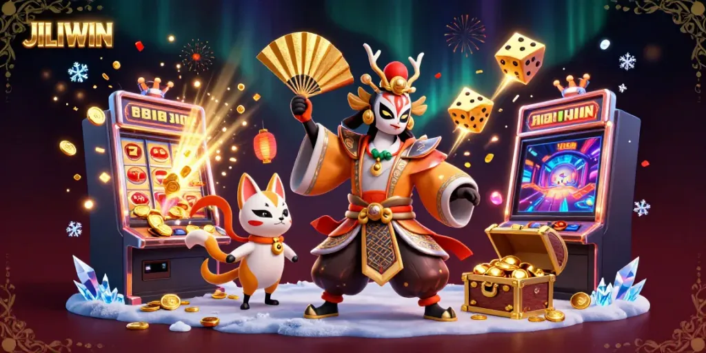 Experience the excitement of JILIWIN in a colorful casino illustration with characters and game elements.