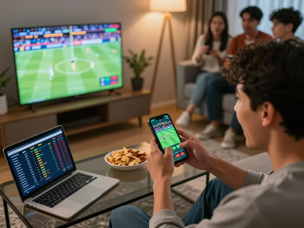 Betting excitement at home with 789WIN smartphone interface amidst friends watching a live sports event.