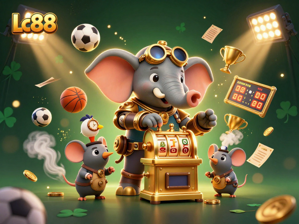 Experience the excitement of Lc88's dynamic casino atmosphere with steampunk characters and golden elements.