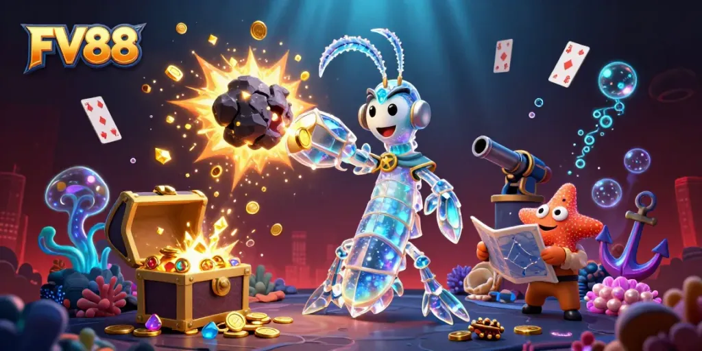Experience immersive gaming with FV88, featuring vibrant 3D characters and dynamic action in an underwater casino scene.