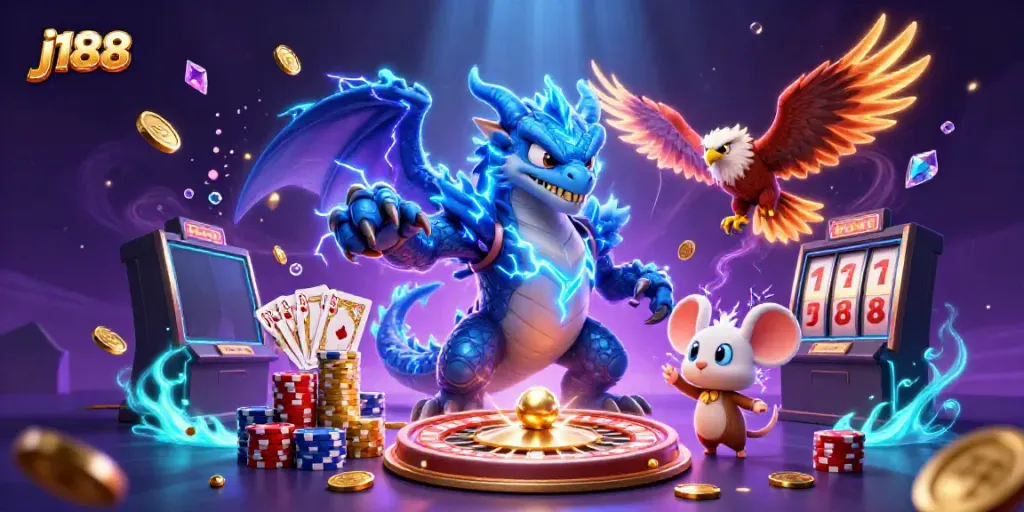 Engage with thrilling j188 slots and games featuring vibrant characters in a captivating casino scene.