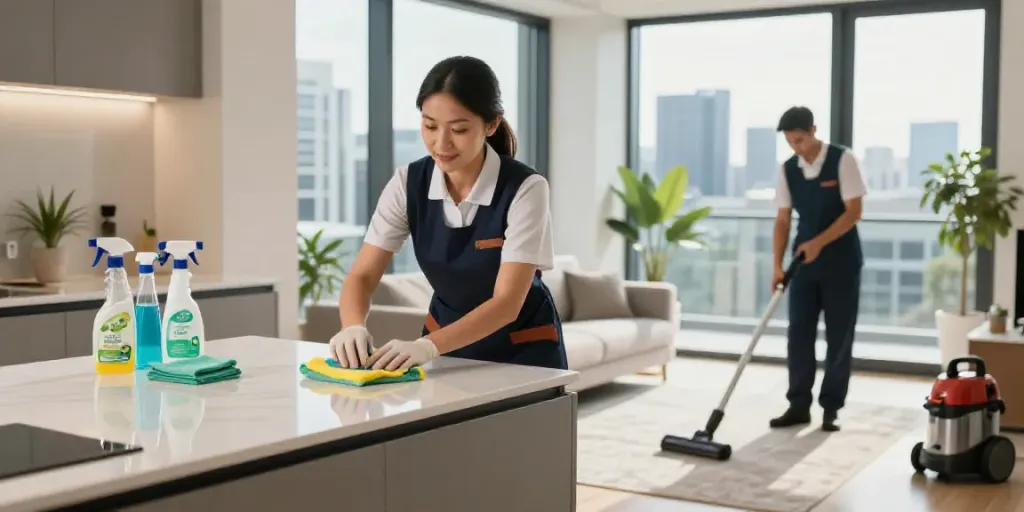 End of lease cleaning Melbourne scene showing professionals cleaning a bright modern apartment