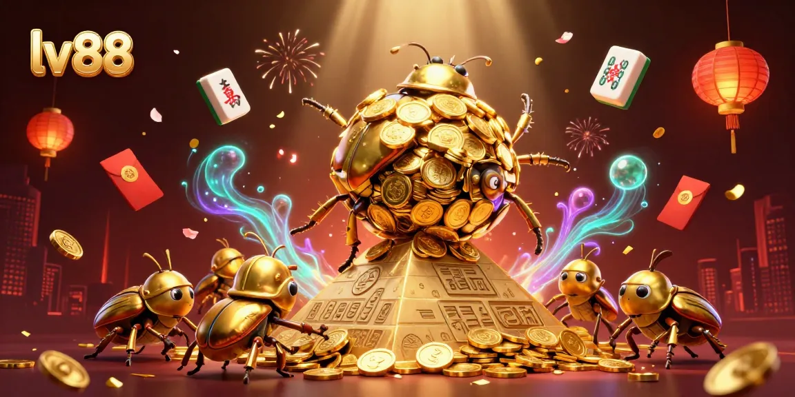 Experience thrilling gaming action at lv88, featuring golden beetles and majestic casino symbols.