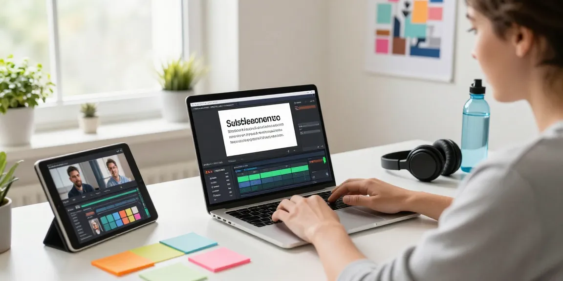 Write text on video using SubtitleBee in a bright, creative workspace with editing tools.