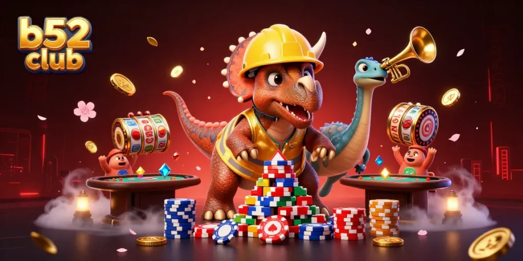 Celebrate wins at b52 club with a dynamic scene of animated characters building poker chip towers.