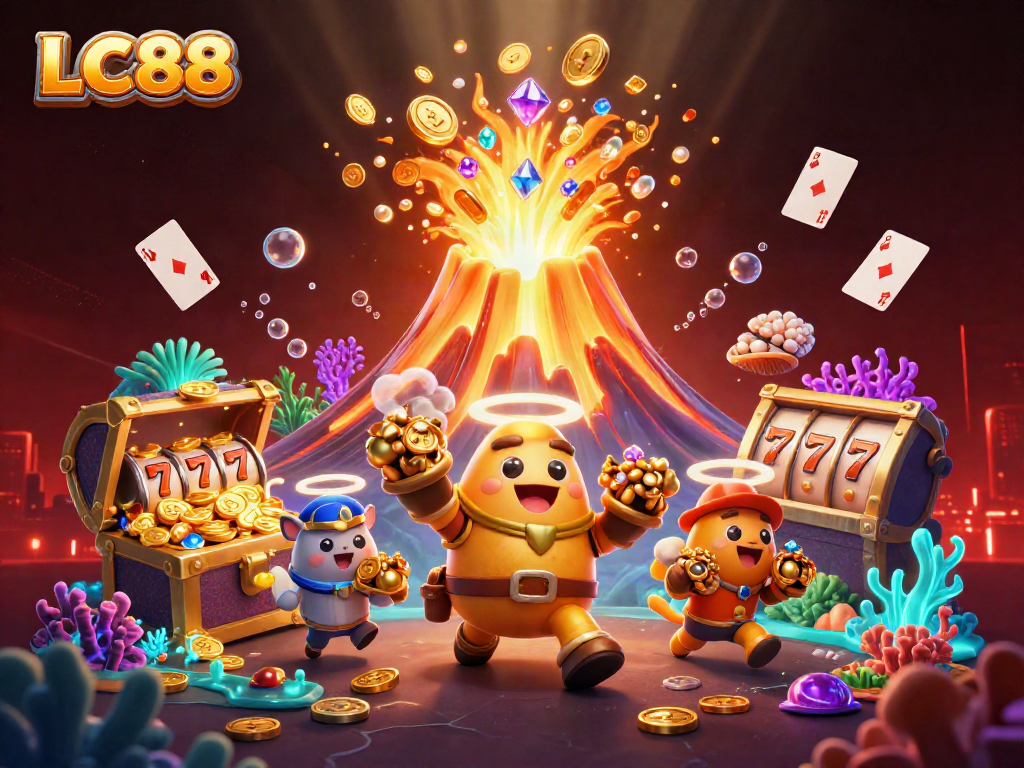 Engage with innovative casino adventure featuring LC88, golden volcano, treasures, and slot machines.