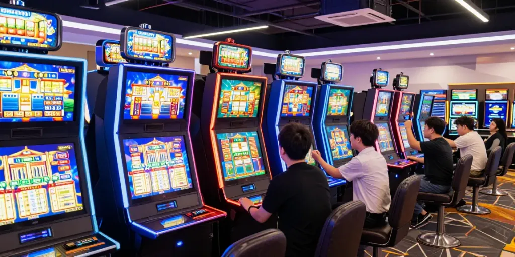 Permainan slot online yang seru dengan pemain merayakan kemenangan di kasino modern.
