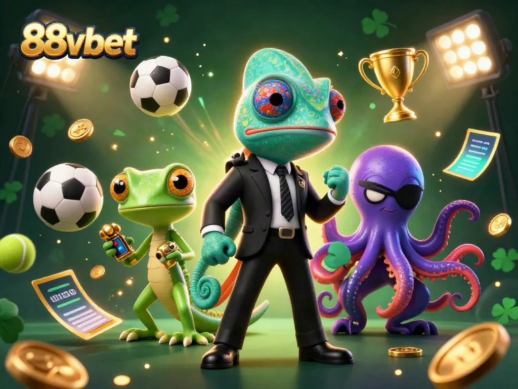 88vbet's thrilling gaming scene with colorful characters and dynamic sports elements.