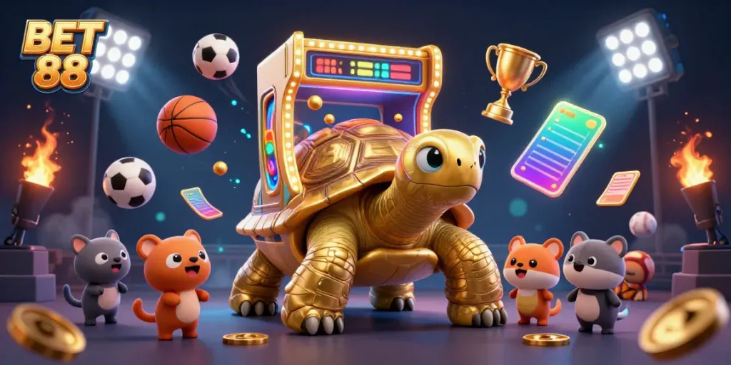 Engage in the vibrant energy of BET 88 with a colossal golden tortoise pinball and dynamic sports betting elements.