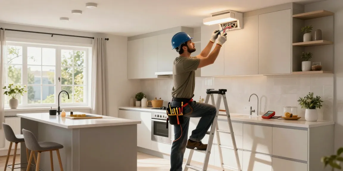 Electrician near you wiring fixtures in a modern kitchen, showcasing expert skills and tools.