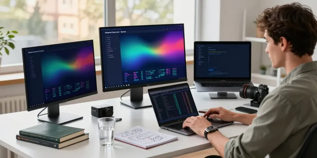 Developer analyzing Hyperliquid staking data in a modern tech workspace.