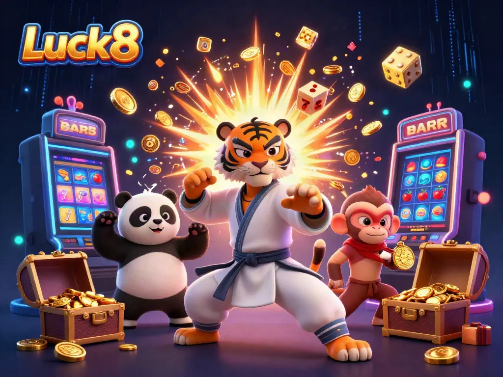Join the fun at Luck8 with a whimsical 3D illustration of characters amidst a bursting jackpot scene.