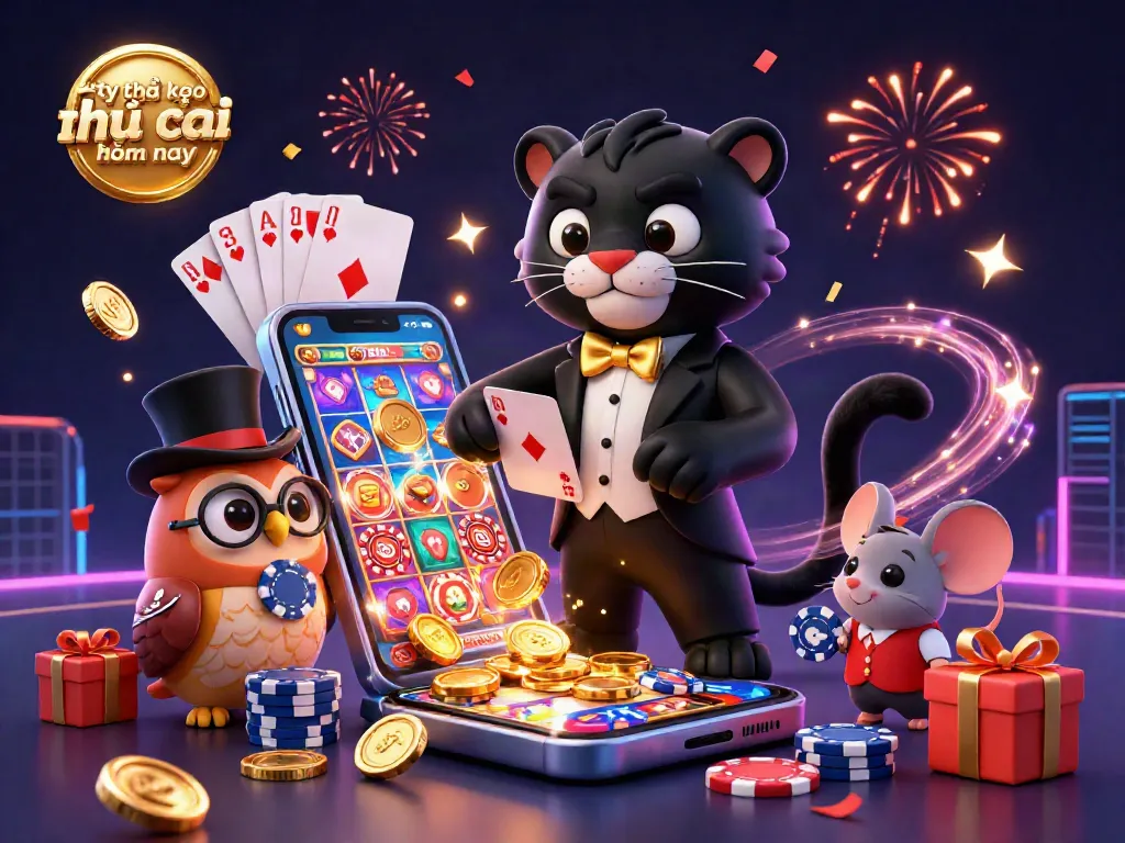 Experience the excitement of tỷ lệ kèo nhà cái hôm nay in this vibrant 3D illustration featuring a panther, owl, and mouse.