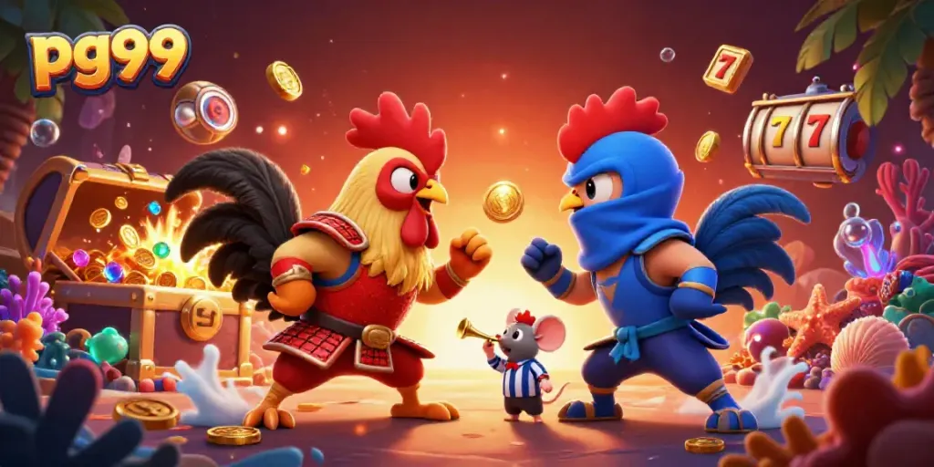 Engage in thrilling gameplay with pg99, where samurai and ninja roosters face off amidst dynamic casino elements.