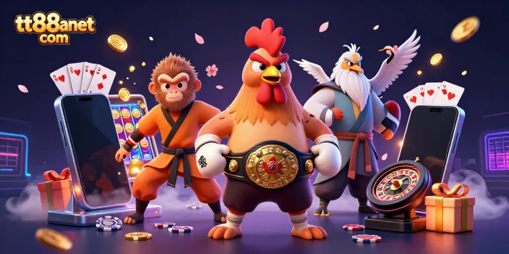 Engage with thrilling gambling at tt88anet com, featuring captivating characters in a dynamic casino scene.