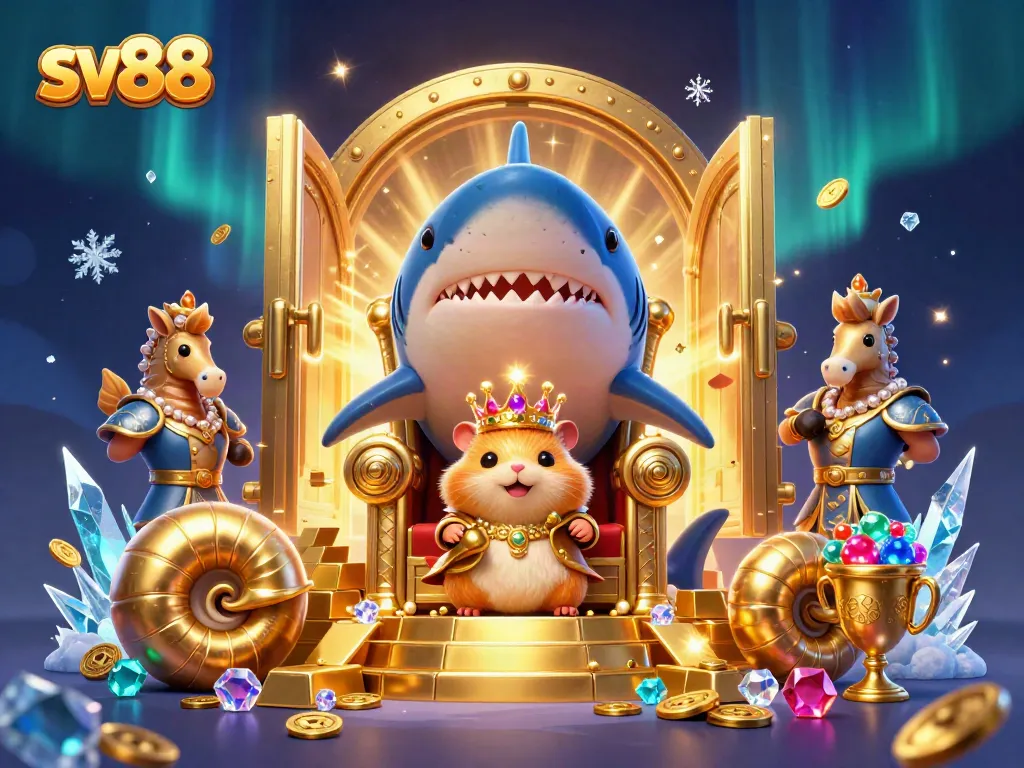 Join the golden hamster king in the SV88 casino adventure filled with treasures and gaming excitement.