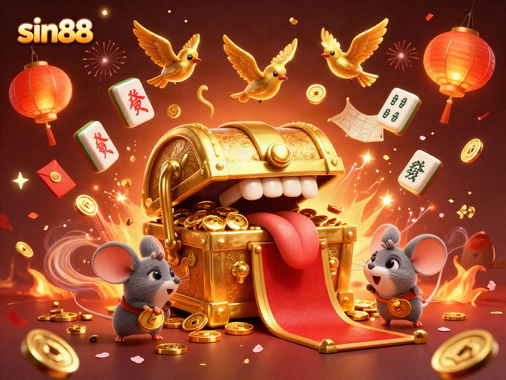 Engage with sin88's thrilling gambling atmosphere featuring a vibrant 3D treasure chest and festive elements.