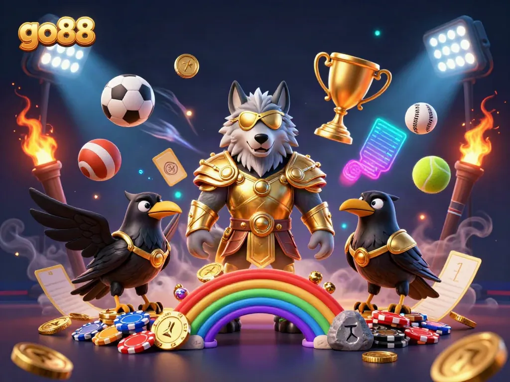 Experience the gaming magic at go88 with an enchanting 3D illustration featuring Odin and ravens in a casino setting.