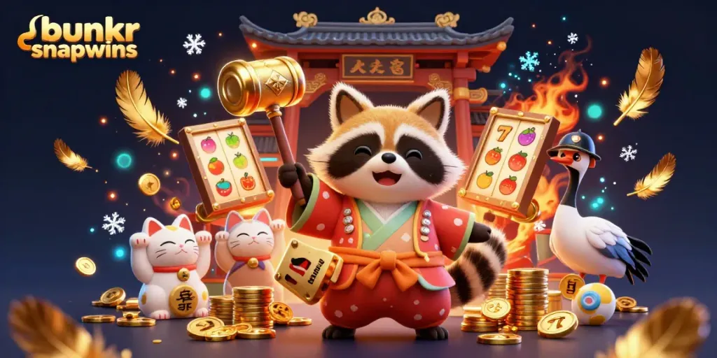 Engage with bunkr snapwins in this vibrant illustration of a cheerful tanuki and colorful slot game elements.