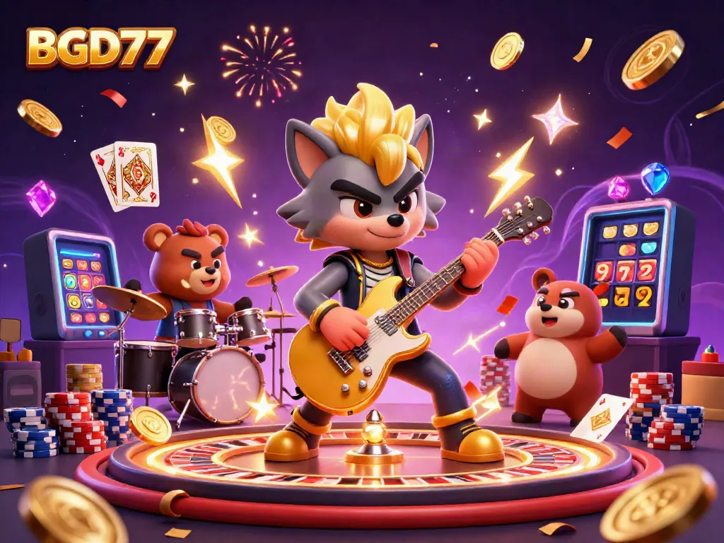 Experience BGD77 with a 3D cartoon rock star wolf on stage amidst casino excitement and rewards.