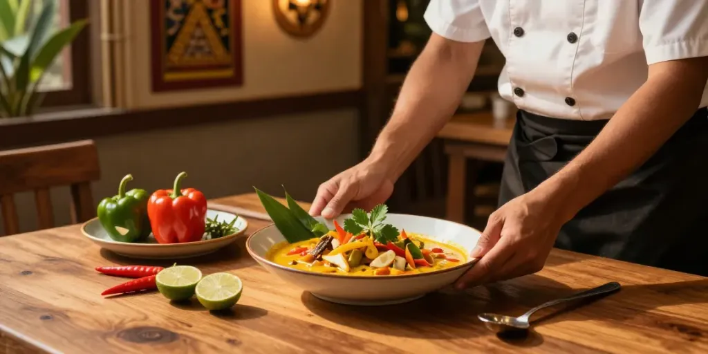 Kinalyrestaurant.com showcases a warm dining atmosphere with vibrant Thai curry being plated alongside fresh ingredients.