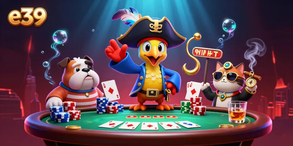 Engage in thrilling e39 action with pirate captain, bulldog, and cat at poker table.
