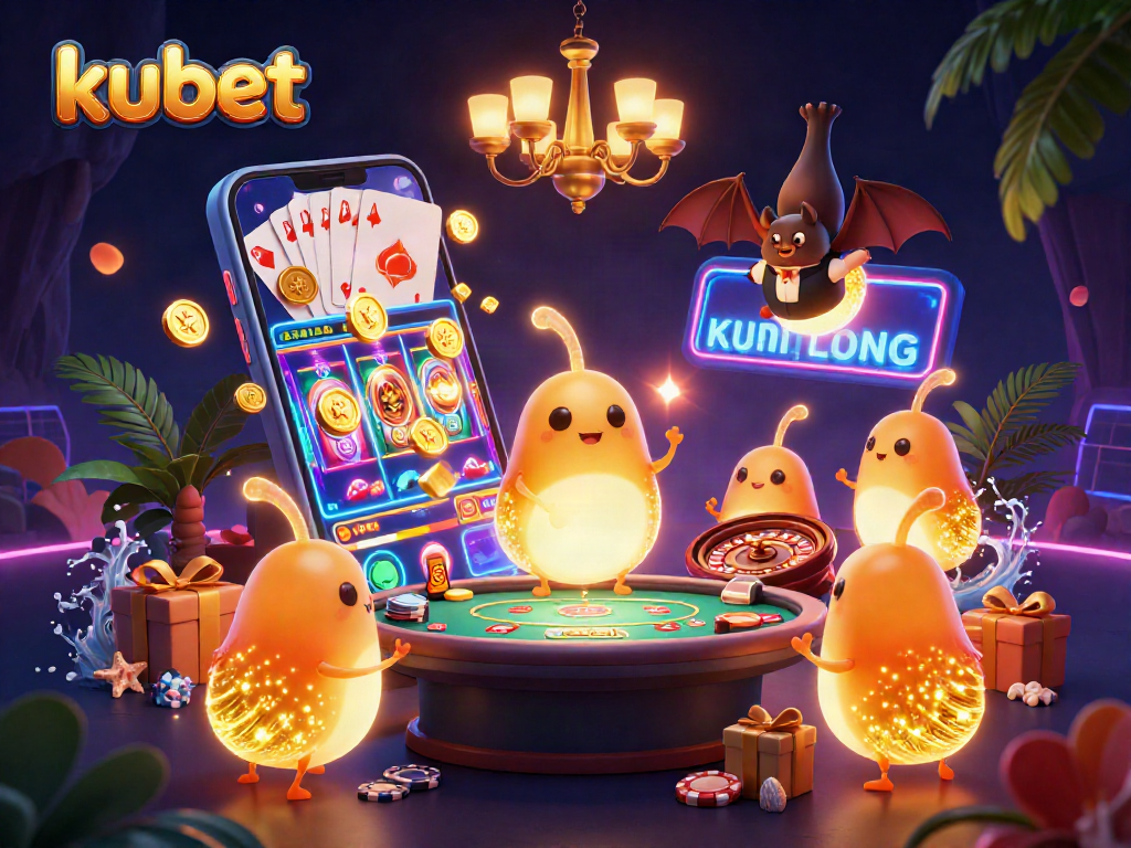 Kubet glowworms illuminate a vibrant cave casino scene, featuring dynamic game elements like slot games and roulette.
