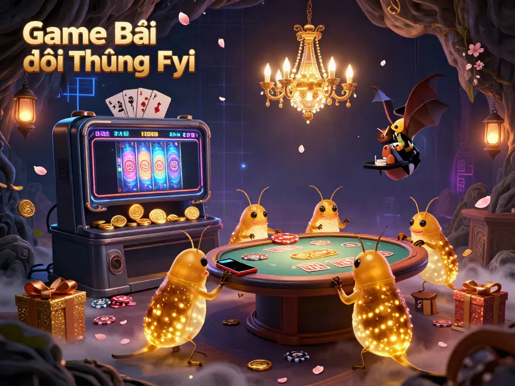Engage with Game Bài Đổi Thưởng Fyi in a vibrant cave casino lit by glowworms and a bat dealer.