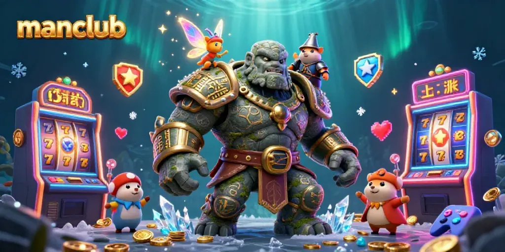 Experience gaming excitement with manclub featuring a golem guardian and vibrant slot machines in a magical scene.