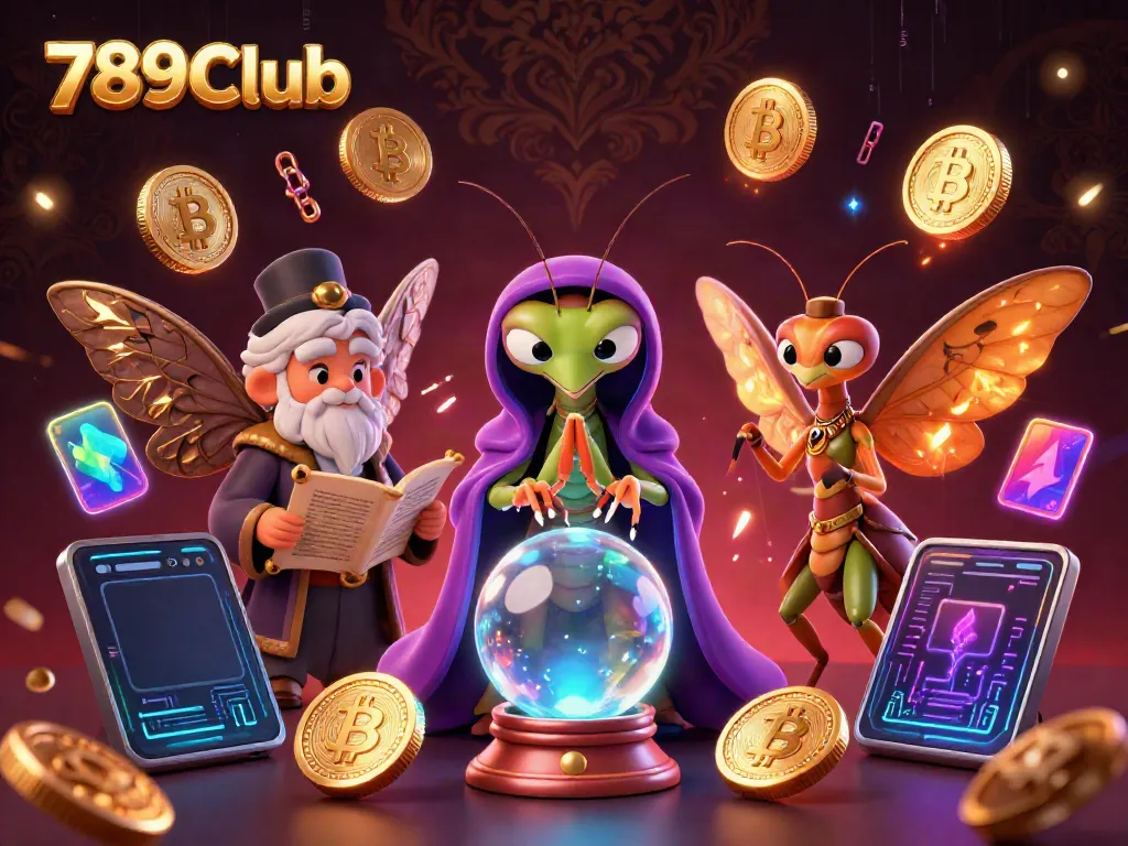 Engage with 789Club's vibrant 3D casino illustration showcasing a fortune teller and librarian amidst a digital gaming realm.