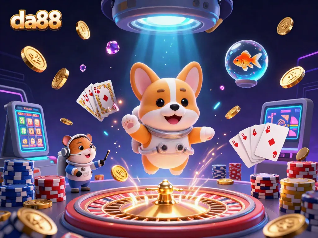 Experience exciting games at da88 with a captivating 3D digital casino illustration featuring floating characters and vibrant gambling elements.