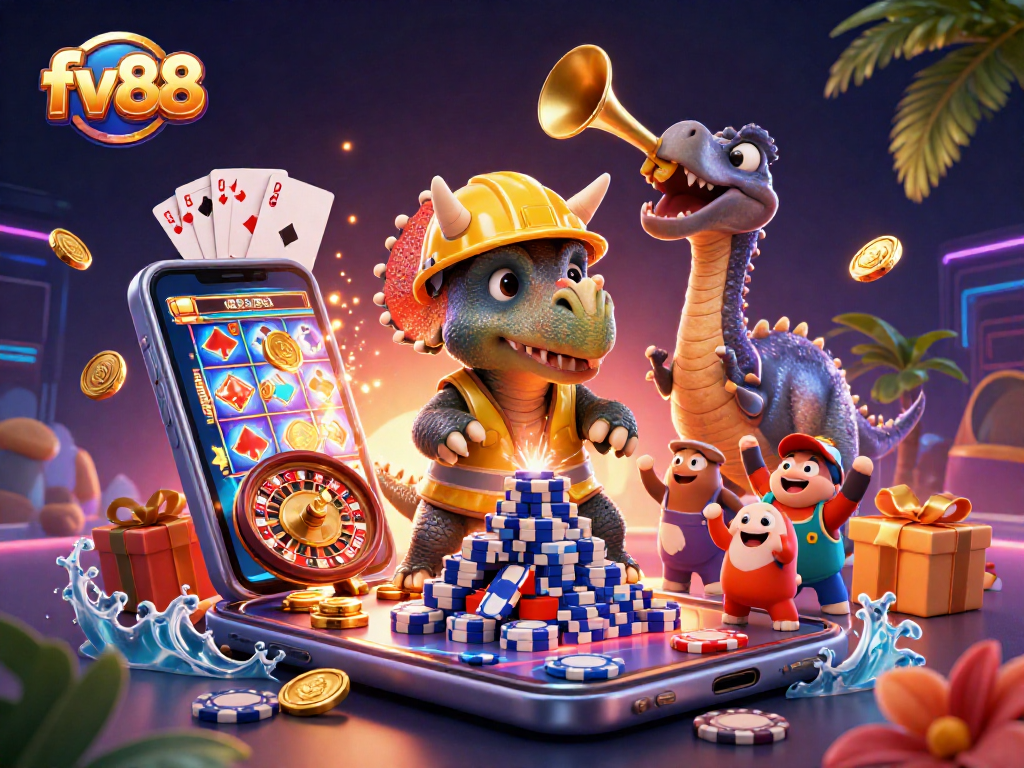 Win big at fv88 while enjoying a vibrant 3D illustration of playful dinosaur characters in a casino setting.
