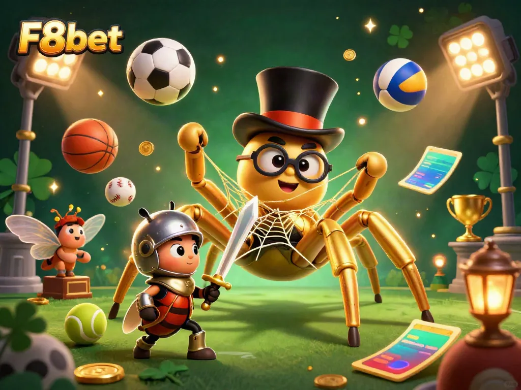 Engage with F8bet's vibrant casino scene featuring a golden tarantula, beetle knight, and dynamic sports elements.