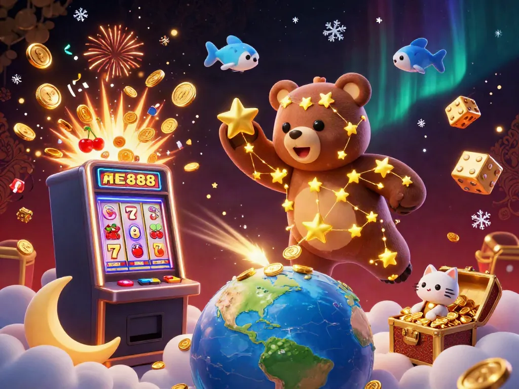 Experience the excitement of AE888 with a vibrant 3D casino illustration bursting with game elements and characters.
