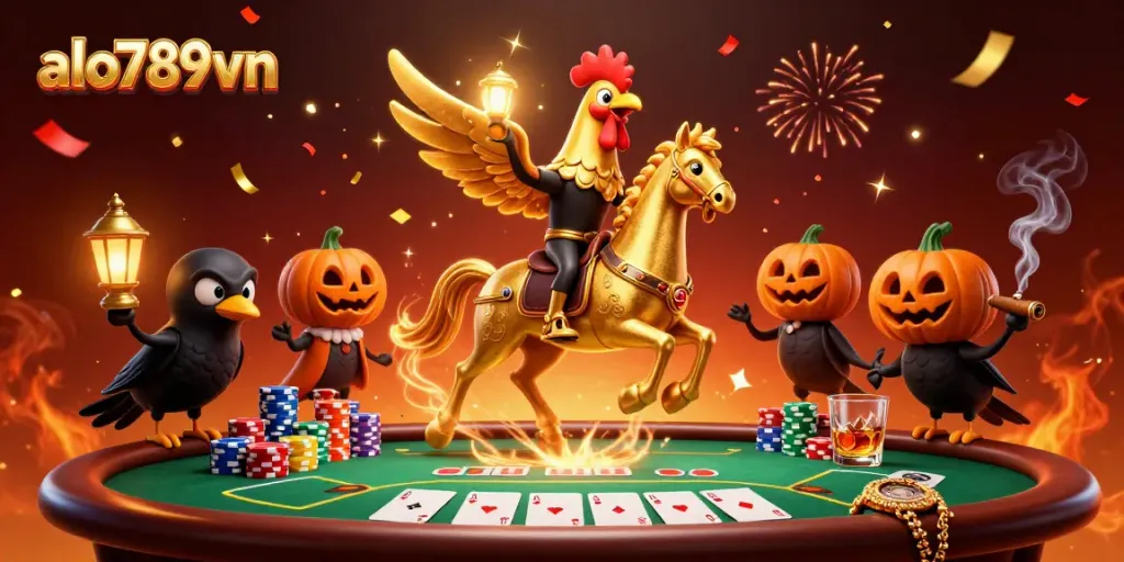 A dynamic midnight casino scene with a golden rooster, celebrating alo789vn in 2026.