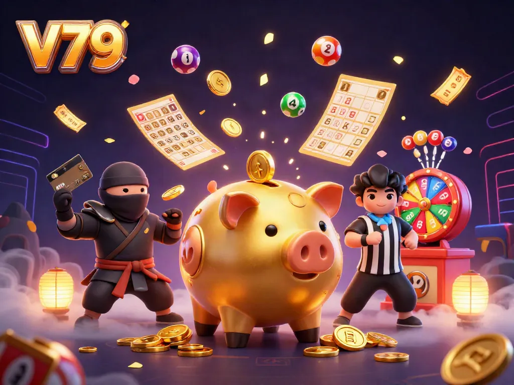 Participate in thrilling games at V79 with exciting elements like golden piggy bank and colorful lottery balls.