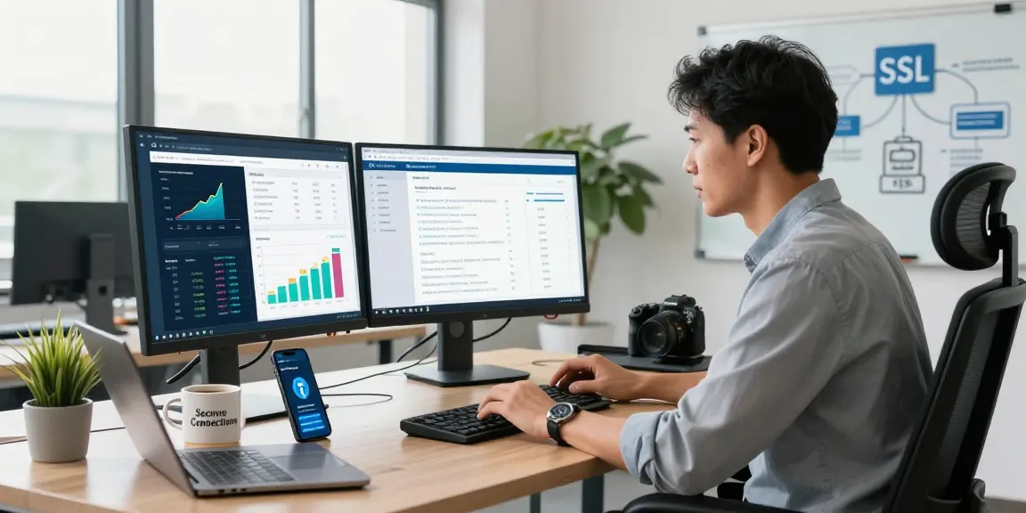 Expert analyzing SSL certificate data in a modern office to enhance web security.