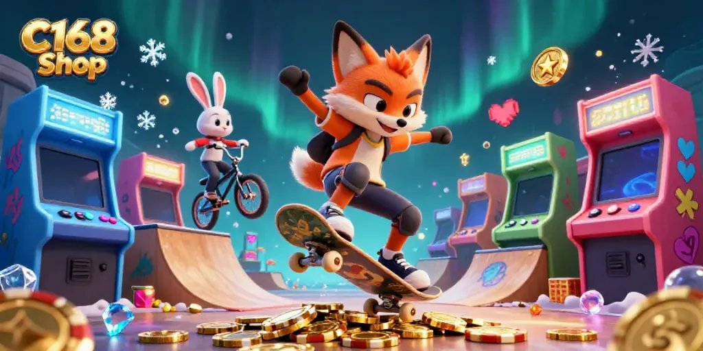 C168 Shop engaging players with vibrant 3D casino-themed scenes featuring characters and game elements.