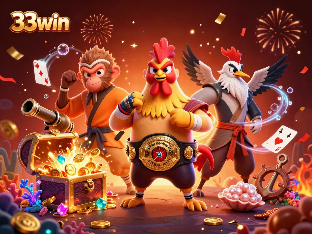 Experience thrilling bets with 33win featuring a Muay Thai rooster and monkey martial artist in action.