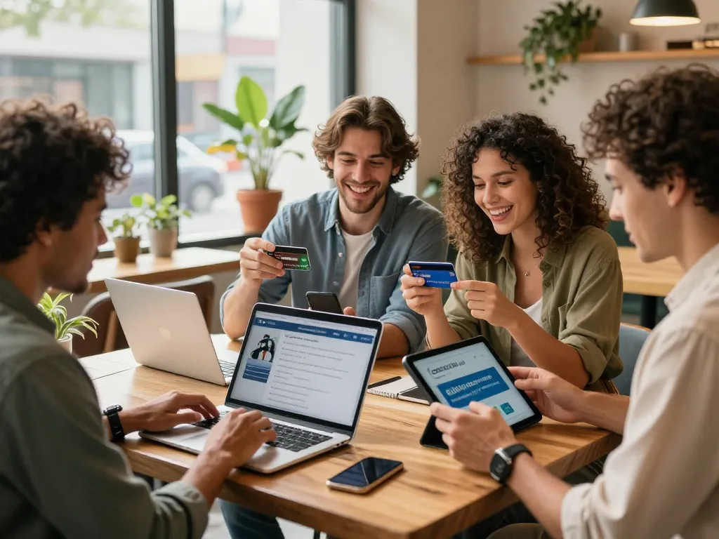 Ezzocard users enjoying secure online transaction in a vibrant café.